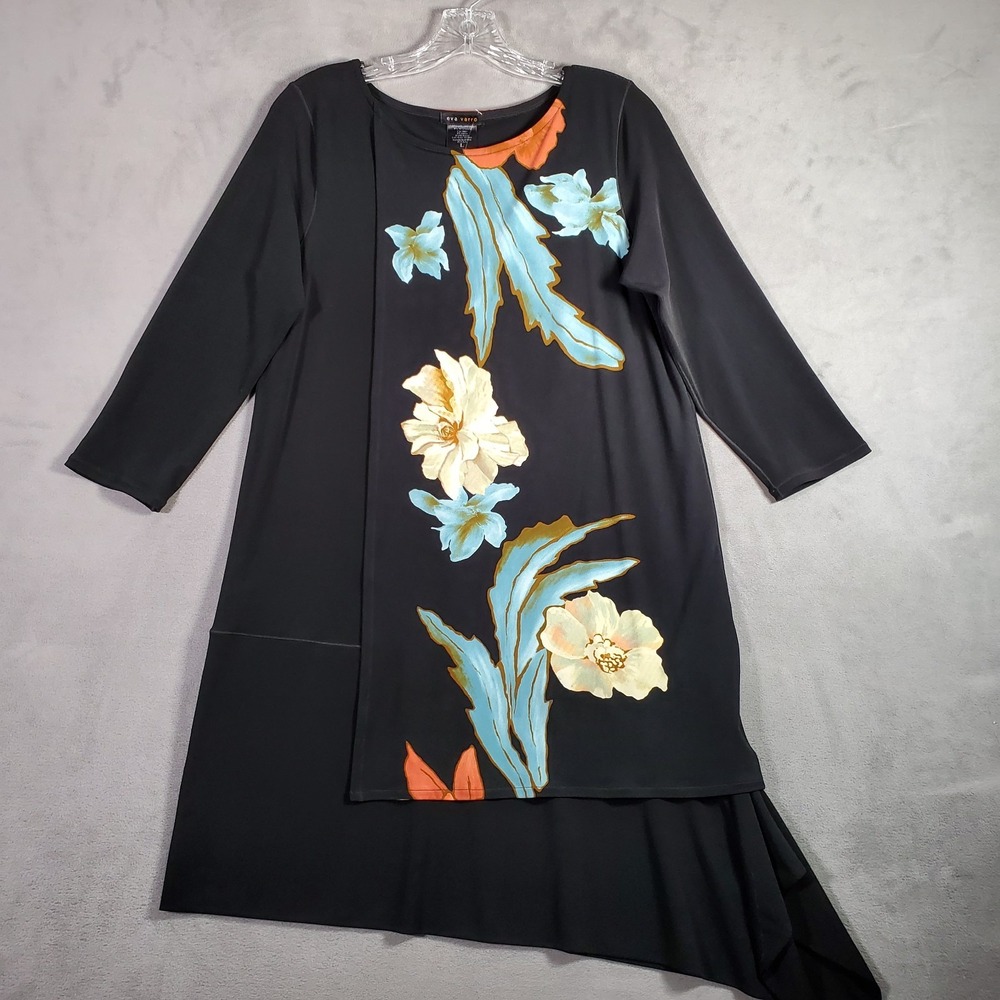 Eva Varro Tunic L Black Floral Asymmetrical‎ Hem Layered Art To Wear Dress NEW